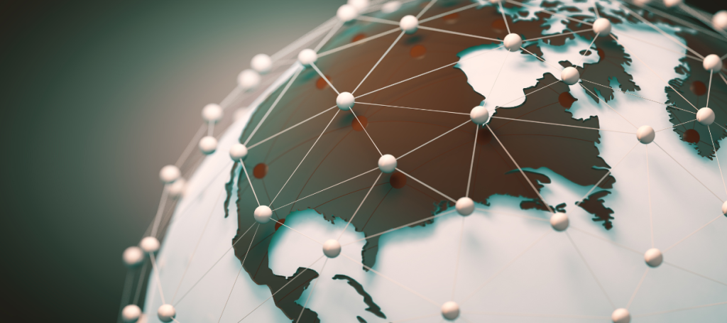 A globe with a digital network overlay